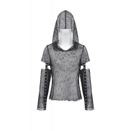 Black Distressed Mesh Hooded Rave Top | Dark in Love
