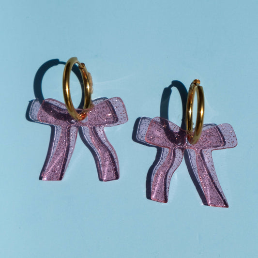 Sparkly Pink Bow Hoop Earrings | Bow Jewellery