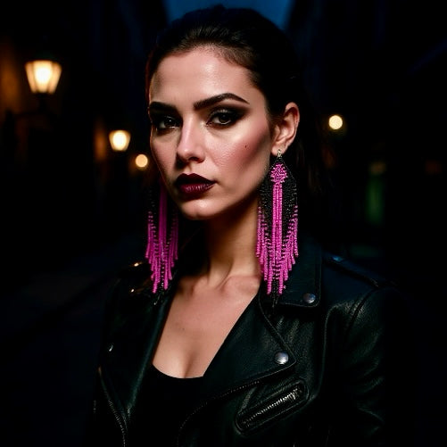 Beaded Earrings - Handmade Hypoallergenic Long Pink and Black Tassels