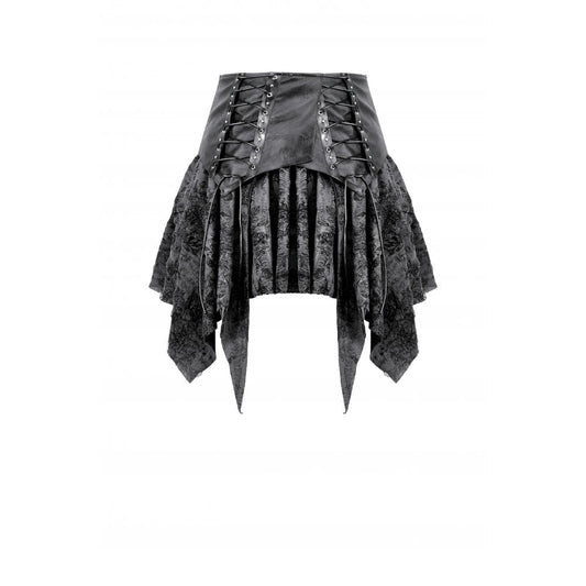 Charcoal Black Lace-Up Asymmetric Mini Skirt with Faux Leather Waistband | Dark in Love