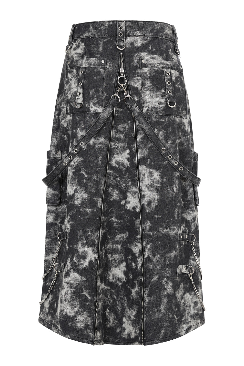 Black Acid-Wash Utility Midi Skirt with O-Rings & Chains | Banned Apparel