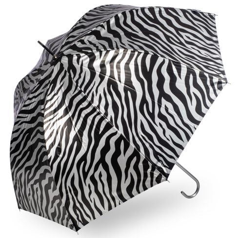 Silver metallic zebra print umbrella with black and silver patterned canopy