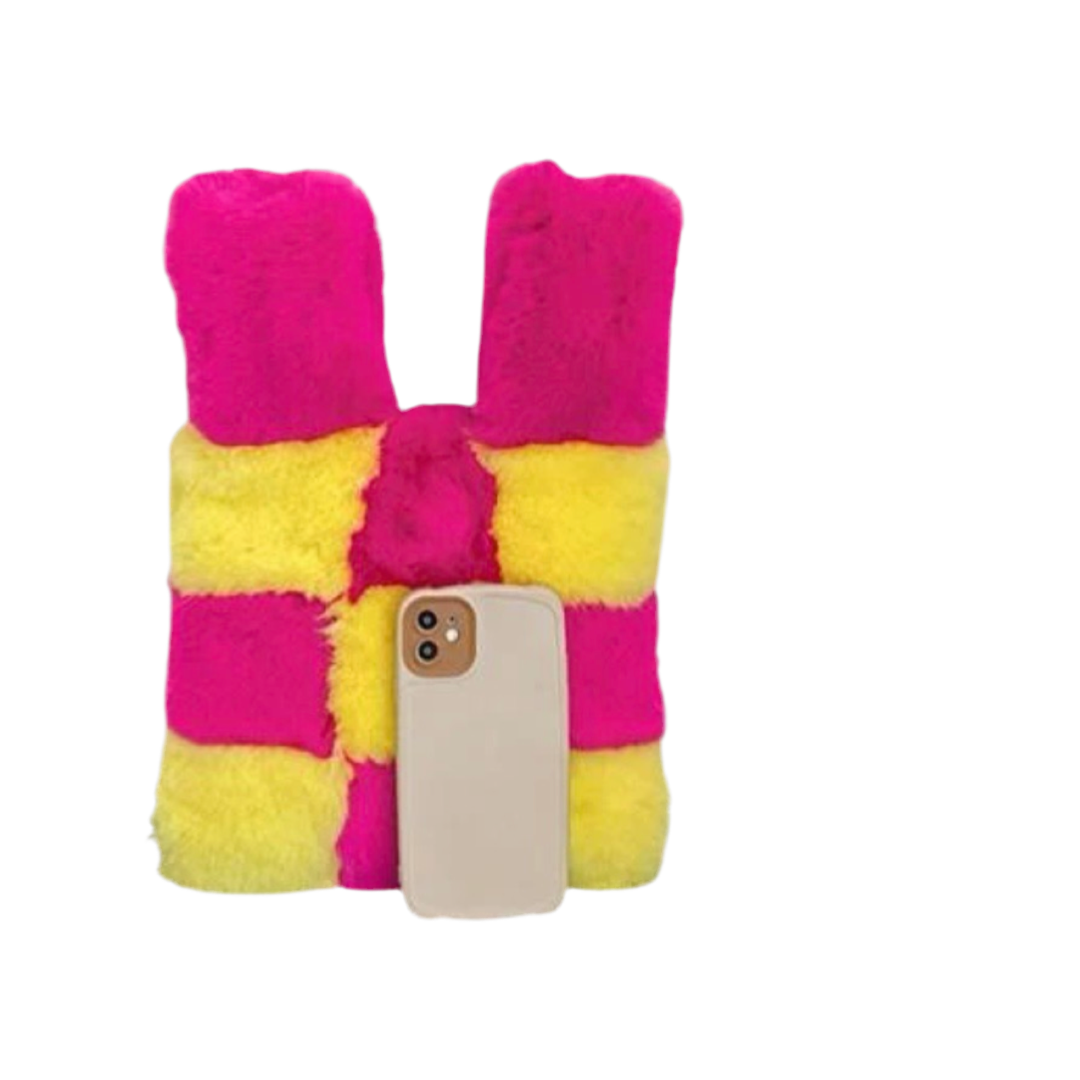 Small Faux Fur Wristlet Tote Handbag - Chequered Hot Pink & Yellow