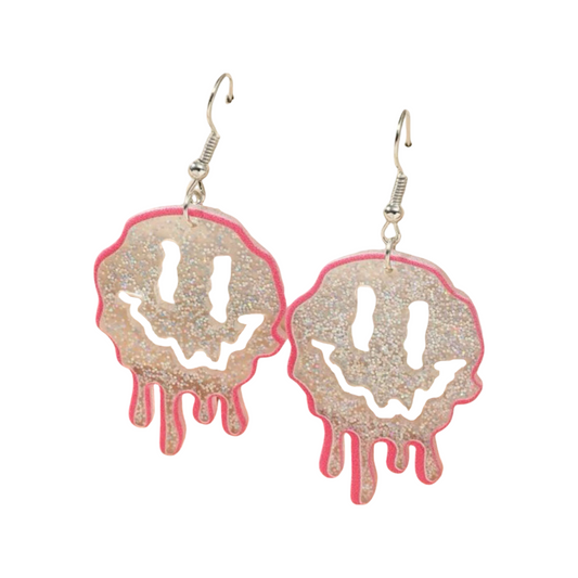 Earrings - Glitter Pink Dripping Smiley drops