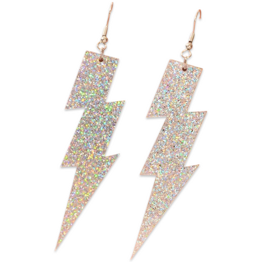 Earrings - Oversized Silver Glitter lightning bolt drops
