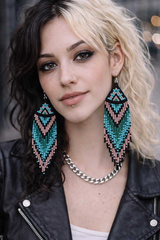 Turquoise & Dusky Pink Beaded Fringe Earrings