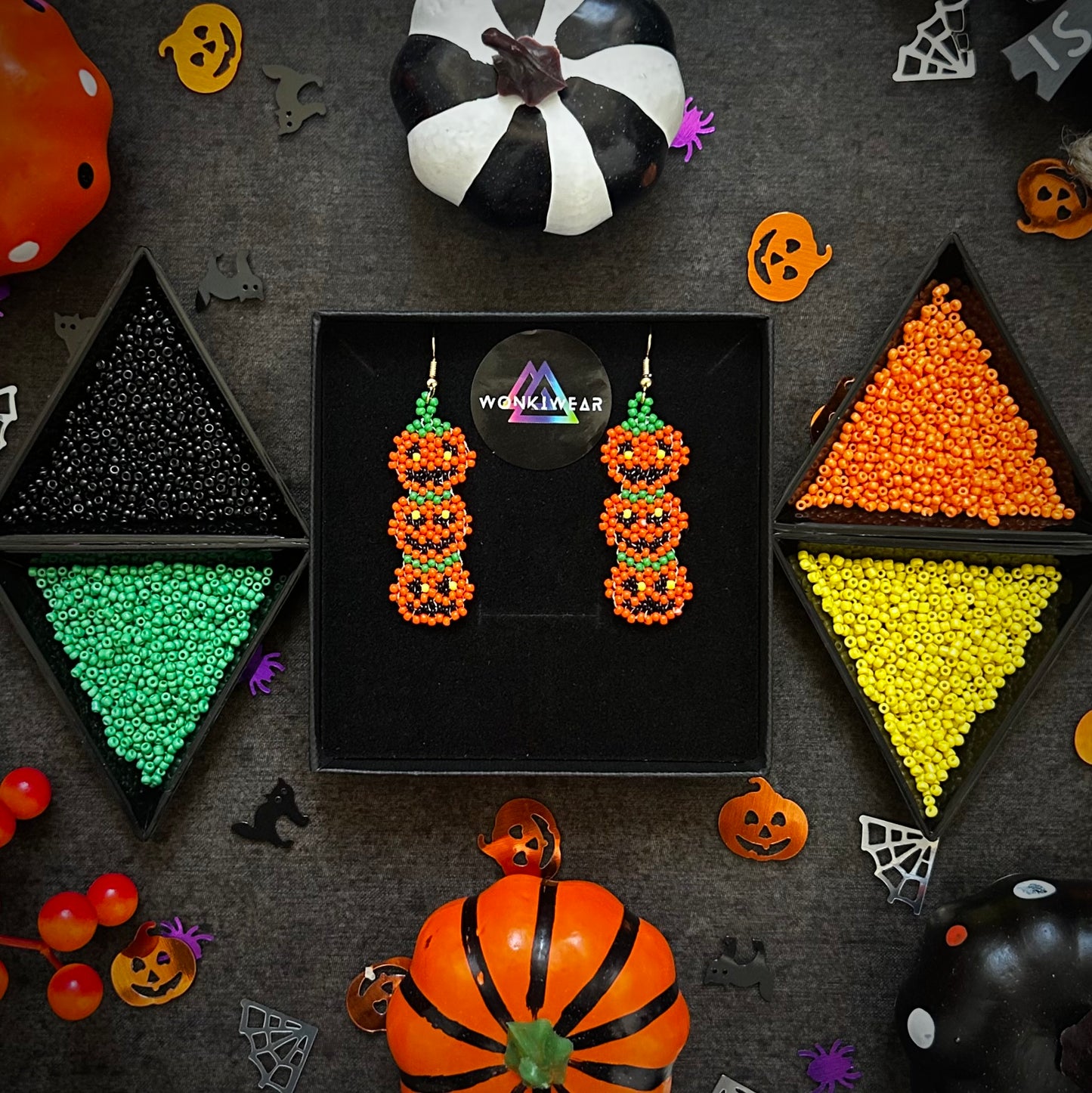 Beaded Earrings - Handmade Halloween Pumpkin Stack