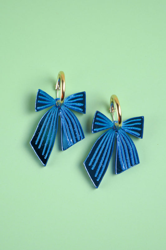 Blue Striped Bow Hoop Earrings | Statement Bow Jewellery