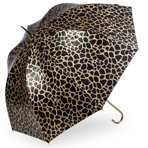 Gold metallic giraffe print umbrella with black and gold patterned canopy