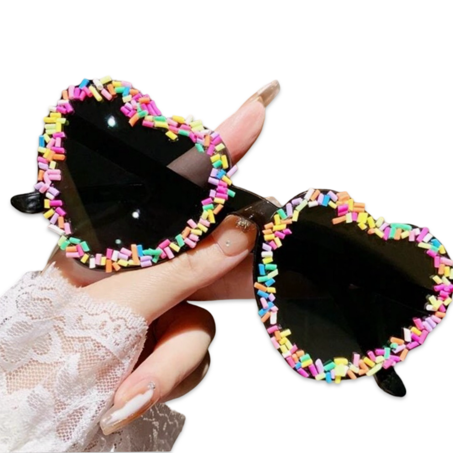 Sunglasses - Heart shaped sprinkles glasses, Black & Rainbow