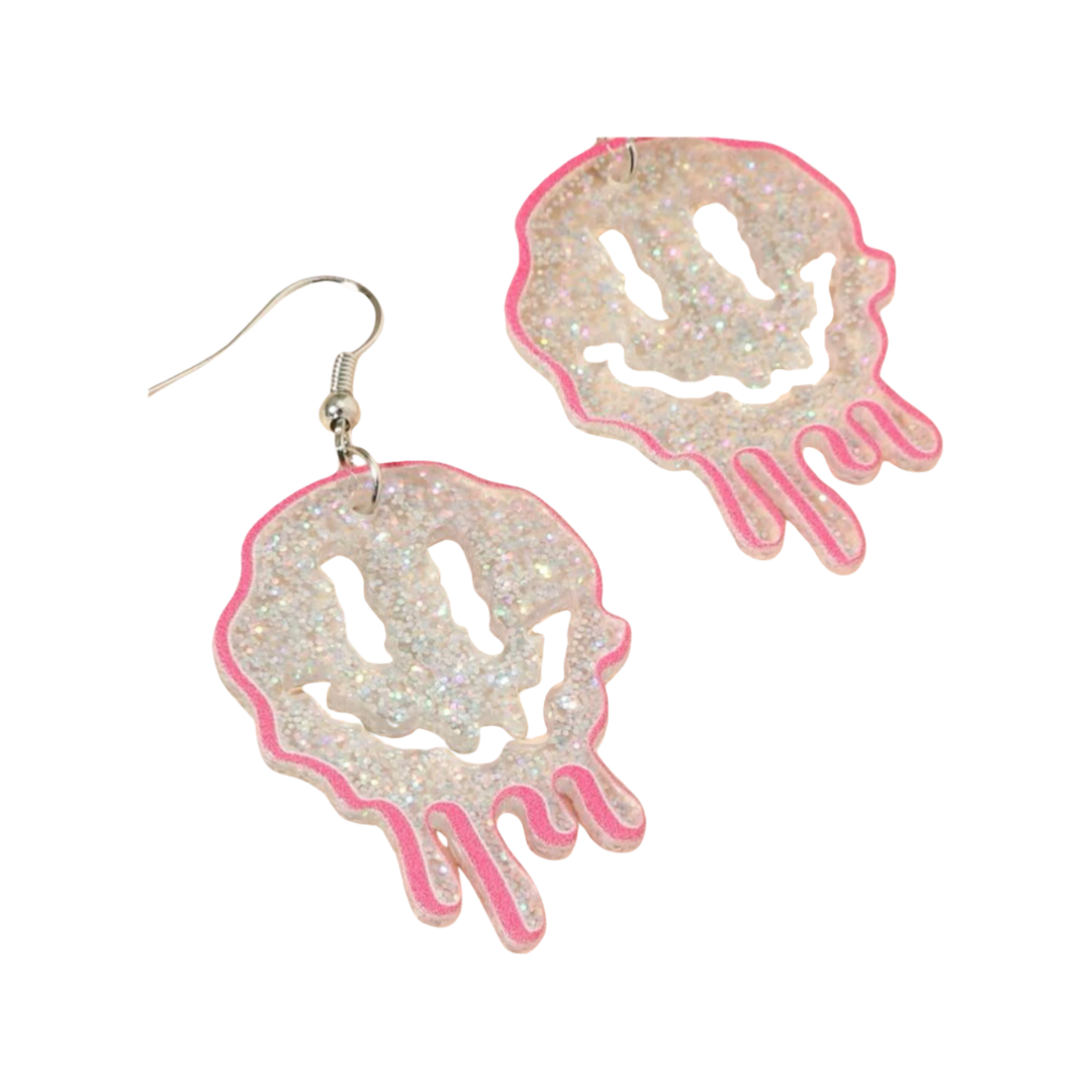 Earrings - Glitter Pink Dripping Smiley drops