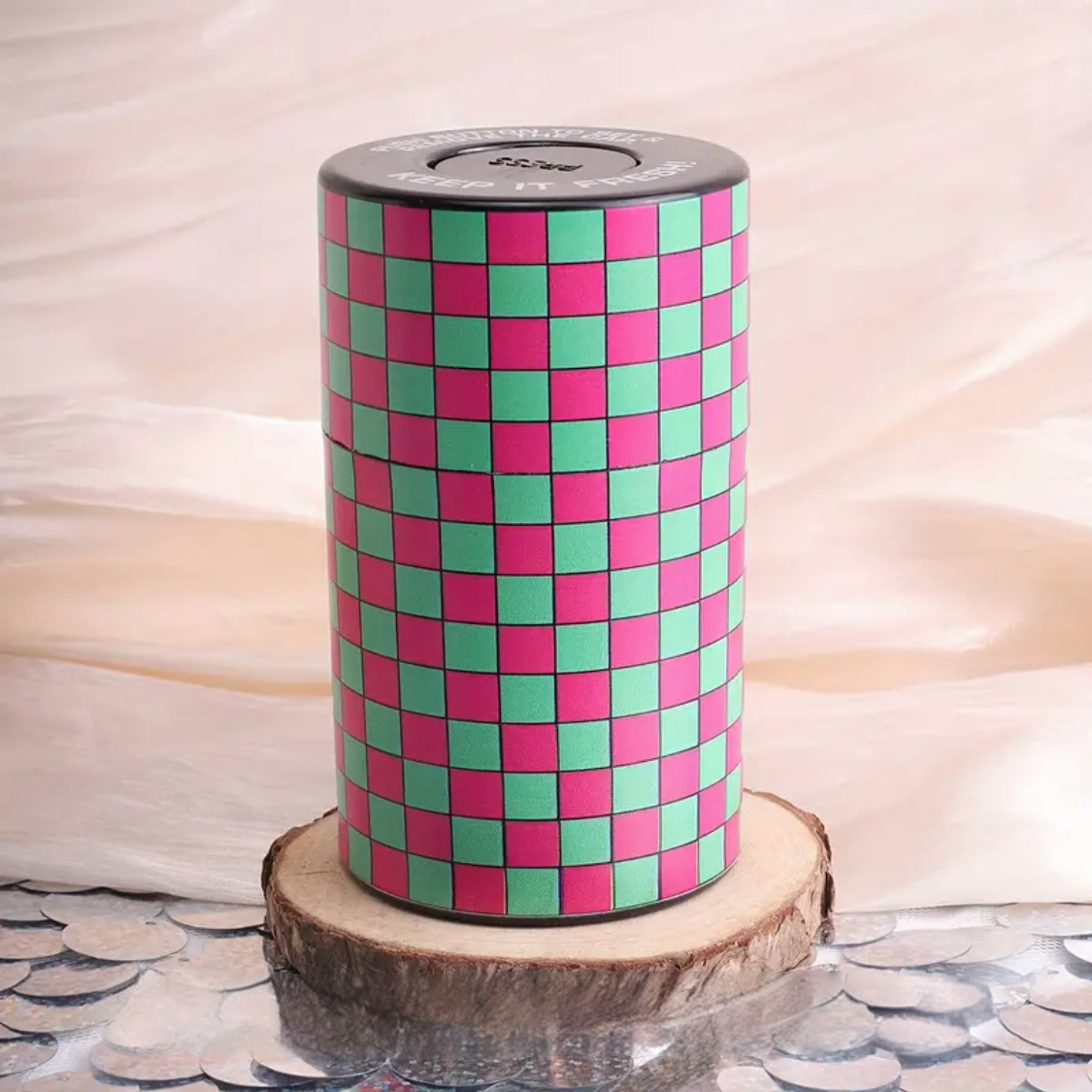 Stash Jar - Green and Pink Chequered