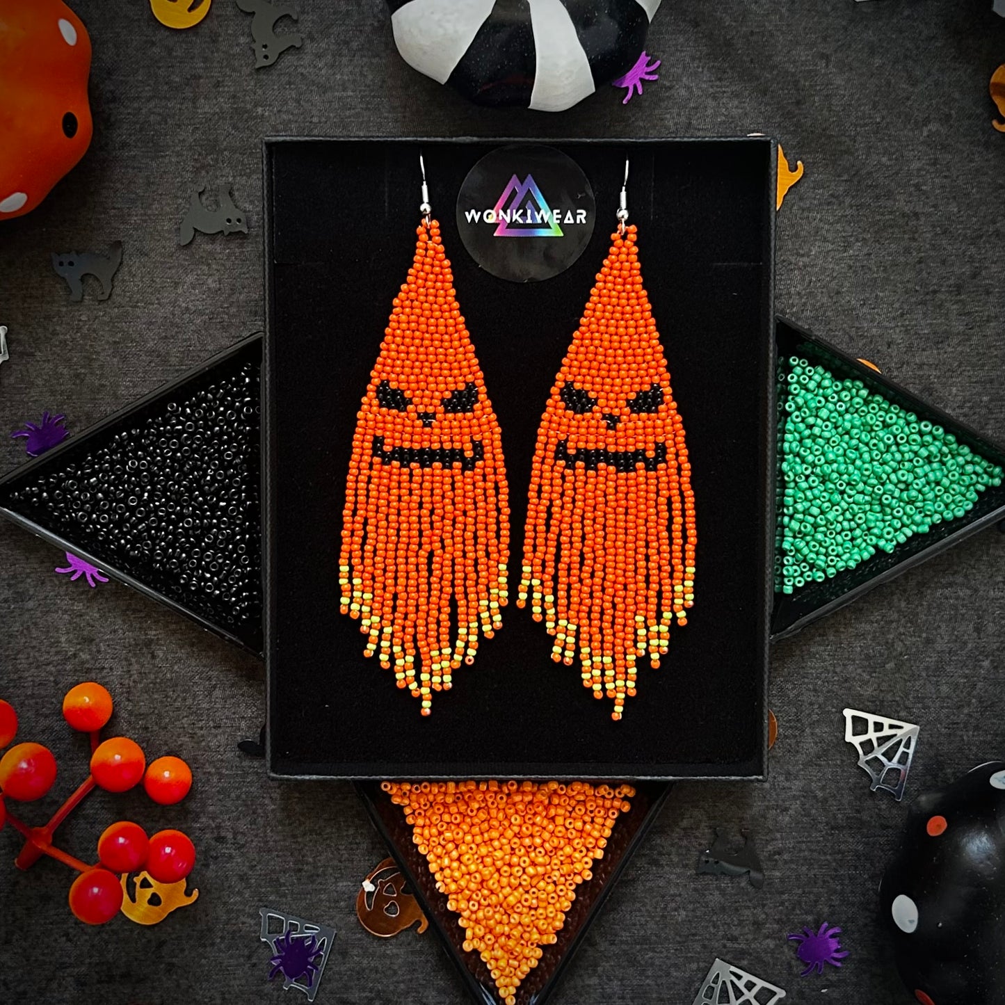 Beaded Earrings - Handmade Halloween Jack-o'-Lantern Face