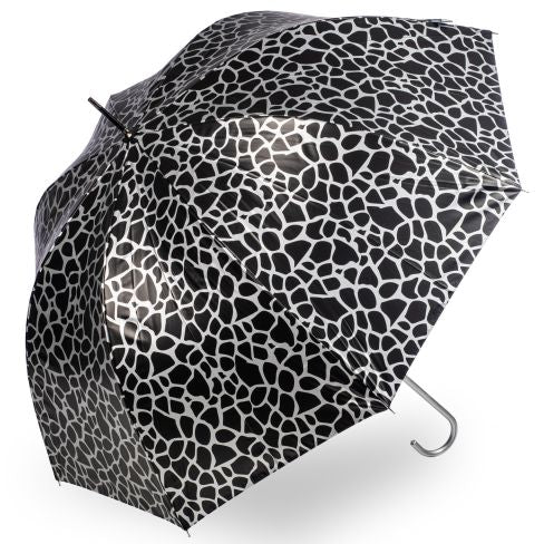 Silver metallic giraffe print umbrella with black and silver patterned canopy