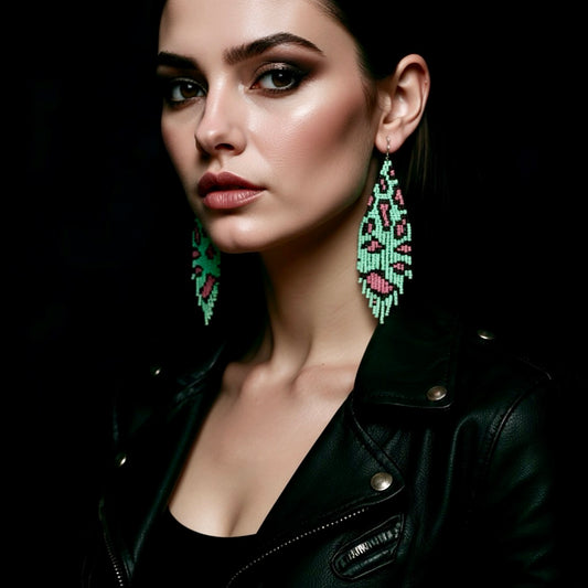 Beaded Earrings - Handmade Hypoallergenic Long Green and Pink Leopard Print Fringe