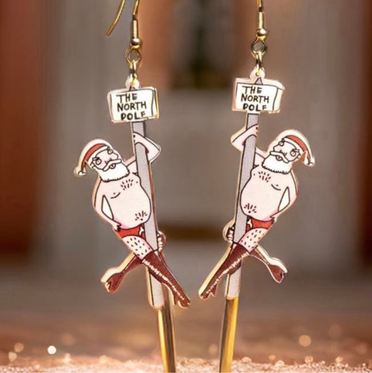 Earrings - Christmas Funny Santa Pole Dancing Around the North Pole