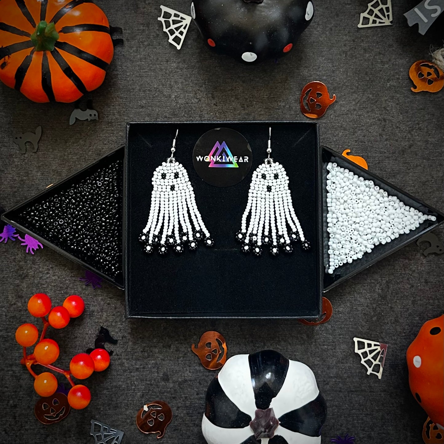 Beaded Earrings - Handmade Halloween Ghosts