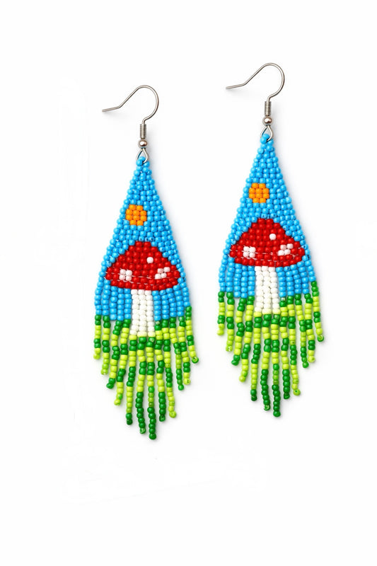 Beaded Earrings - Handmade Hypoallergenic Blue Sky Mushroom