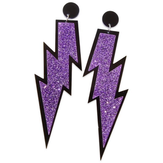 Earrings - Oversized Purple and Black Glitter lightning bolt drops