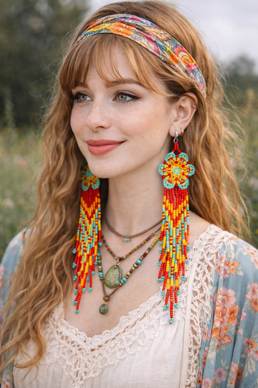 Orange Beaded Hippie Flower Earrings