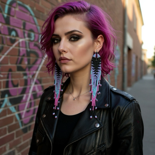 Beautiful women with pink hair wearing Long beaded earrings with colourful seed beads imitating a jellyfish in front of a graffiti wall