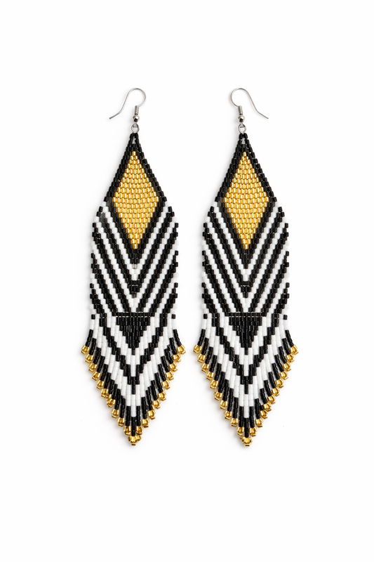 Beaded Earrings - Handmade Hypoallergenic Long Black, Gold and White Fringe