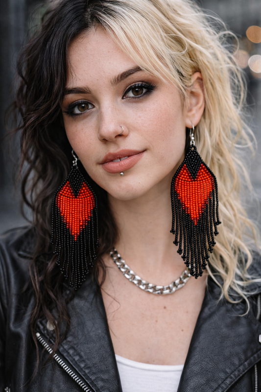 Beaded Earrings - Handmade Hypoallergenic Black and Red Heart