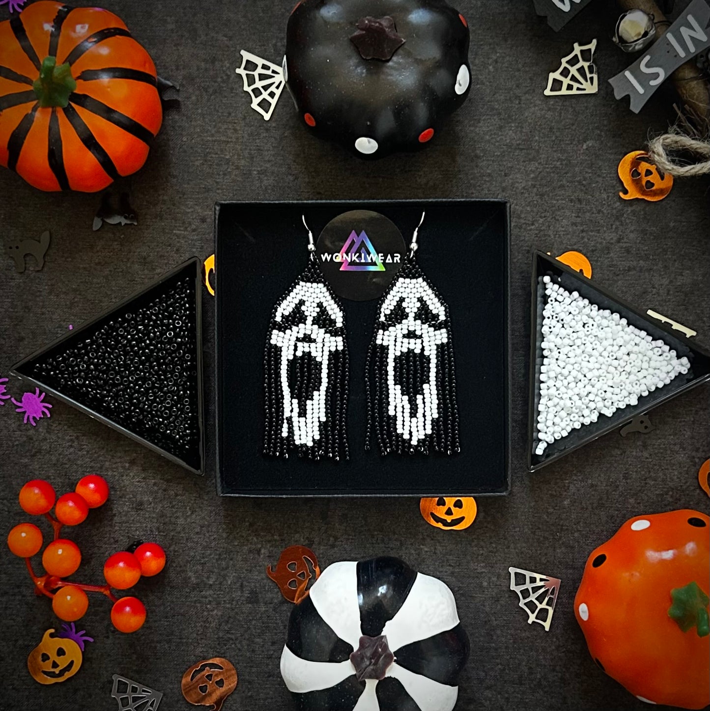 Beaded Earrings - Handmade Halloween Ghost Face