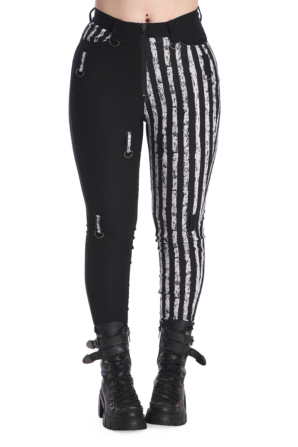 Black & White Half and Half Striped Trousers with D-Rings | Banned Apparel