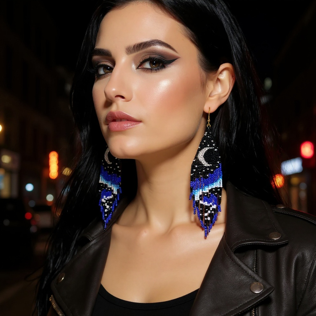 Beautiful woman wearing handmade beaded earrings with a crescent moon design at the top and long black, blue, and white beaded fringe, finished with hypoallergenic 316L surgical steel lever back hooks.