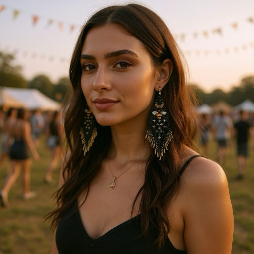 Beautiful woman wearing handmade beaded earrings with a bee and crescent moon design, featuring long black and gold fringe