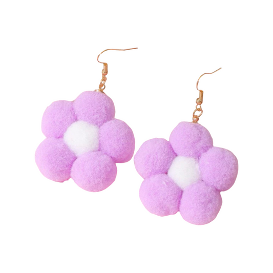 Earrings - Pompom daisy flower drops, Lilac & white