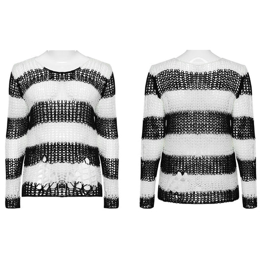 White & Black Striped Open-Knit Sweater | Punk Rave