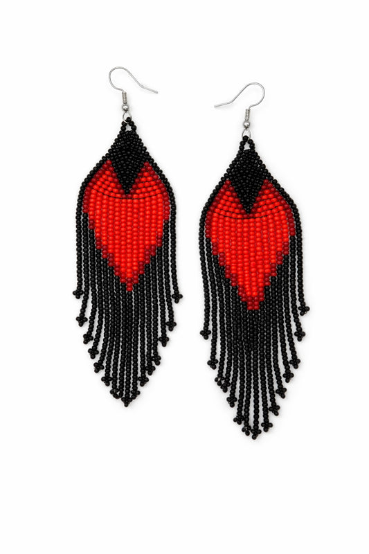 Beaded Earrings - Handmade Hypoallergenic Black and Red Heart