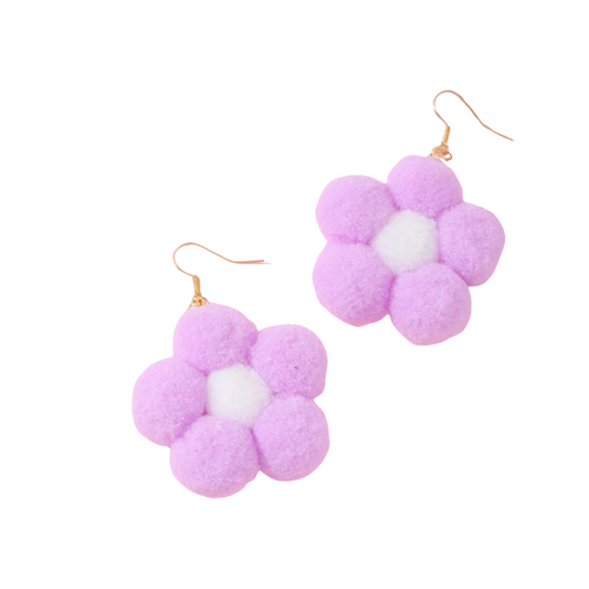 Earrings - Pompom daisy flower drops, Lilac & white