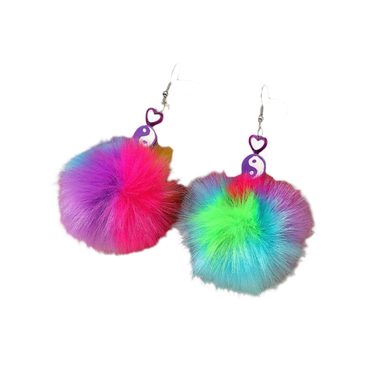 Earrings - Big Fluffy Pompom drops, Multicoloured Yinyang