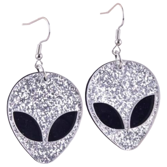 Earrings - Silver and Black Glitter Alien drop
