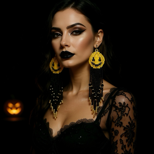 Beaded Earrings - Handmade Halloween Long Pumpkin