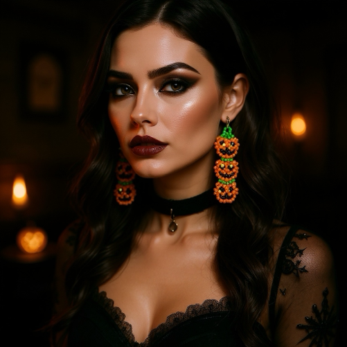 Beaded Earrings - Handmade Halloween Pumpkin Stack