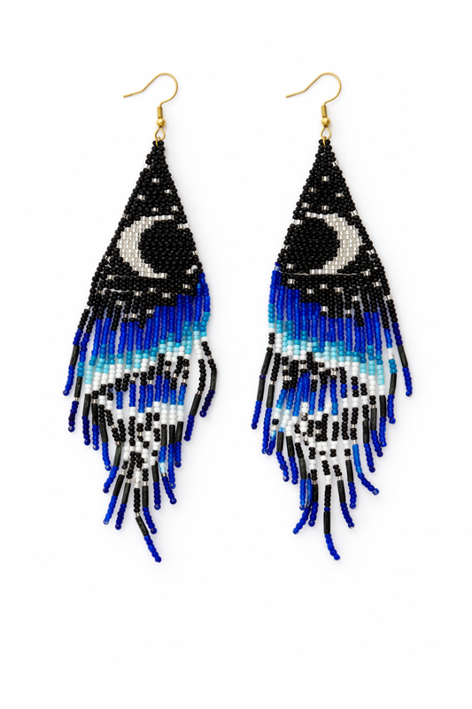Beaded Earrings - Handmade Hypoallergenic Long Moon Black and Blue Fringe