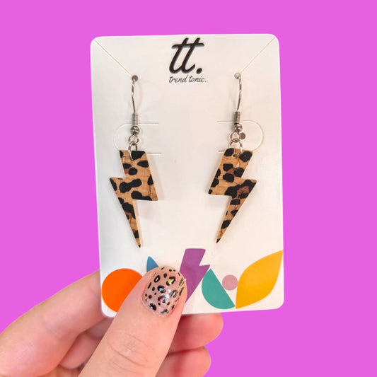 Mini Leopard Lightning Bolt Earrings | Statement Cork Jewellery