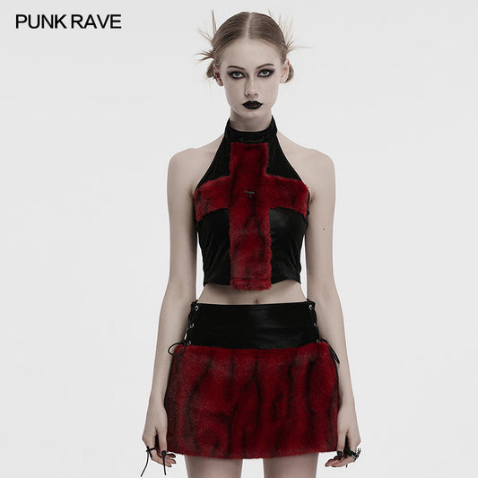 Crimson Cross Fur Rave Halter Top | Punk Rave | WonkiWear