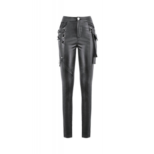Black Leather-Look Strap Detail Rave Trousers | Dark in Love