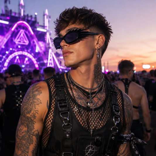 Male festival model wearing black futuristic spikey ridged sunglasses