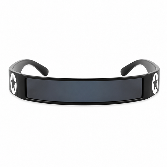 Black futuristic star shield festival sunglasses on white background