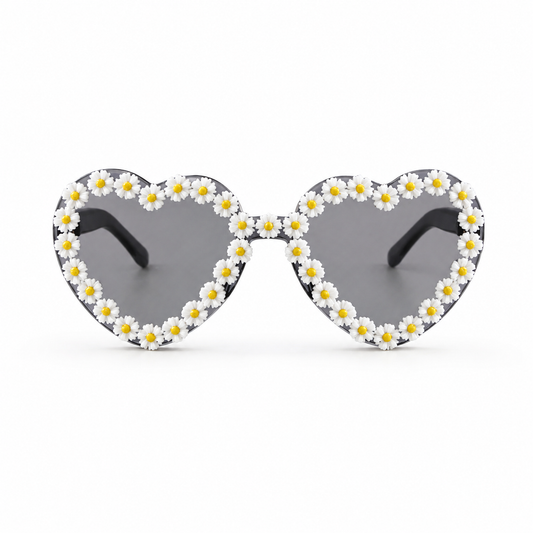 Black and white heart shaped daisy festival glasses on white background