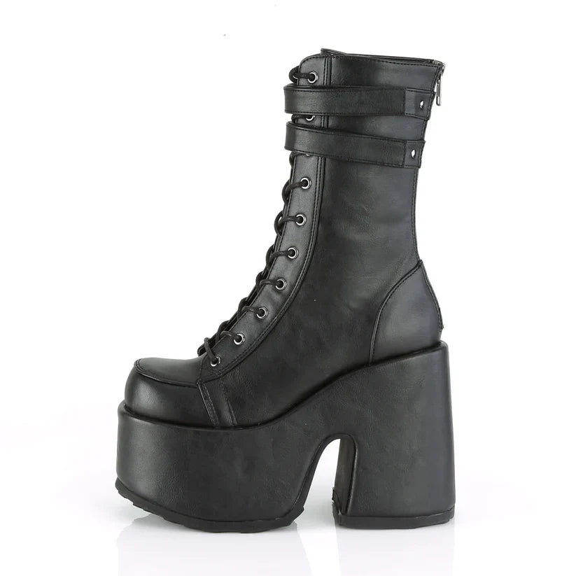 Black Mid-Calf Platform Boots with Lace-Up Front & Double Straps | Demoniacult