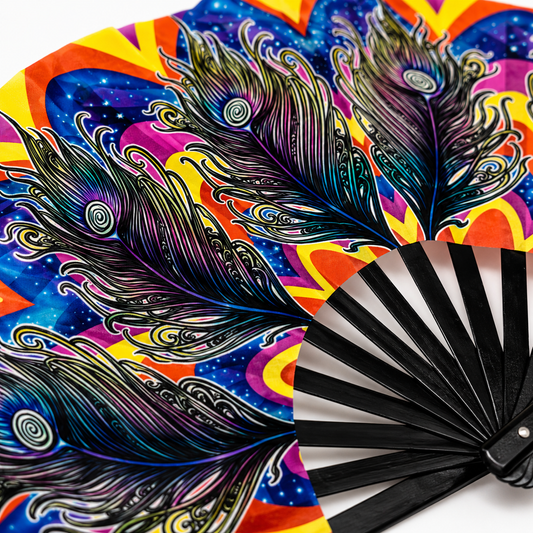 Close-up of vibrant peacock feather artwork on Carnival XL festival fan