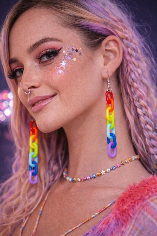 Bright rainbow chain earrings lightweight rave accessories UK