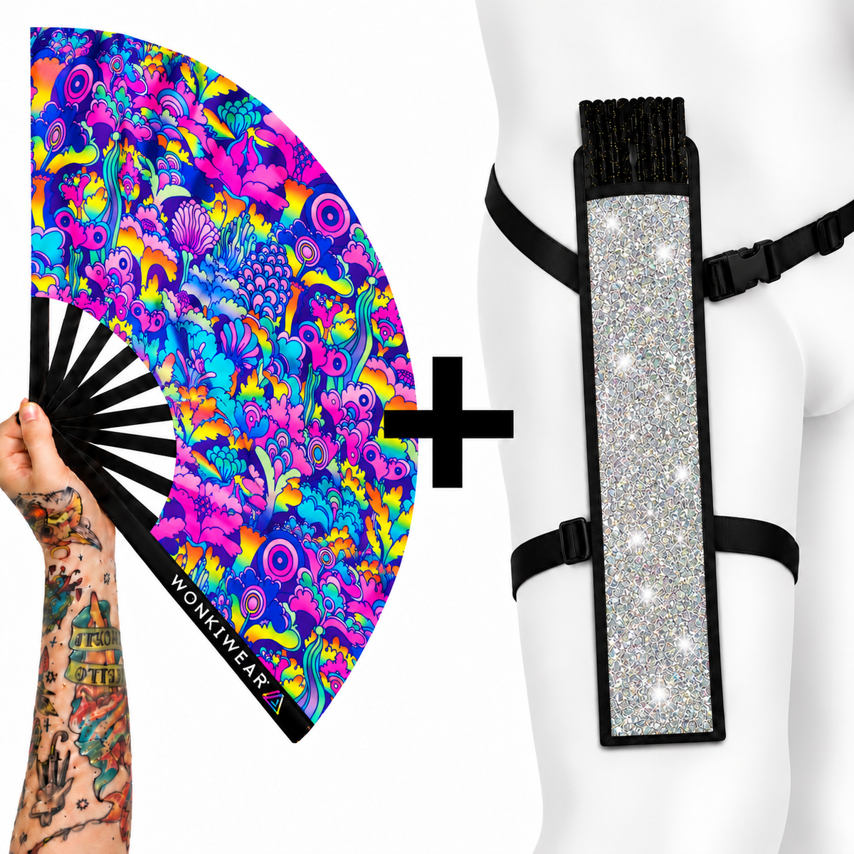 Cosmic Bloom psychedelic floral rave fan in vibrant pink, blue, purple and yellow with optional silver glitter thigh holster bundle by WonkiWear.